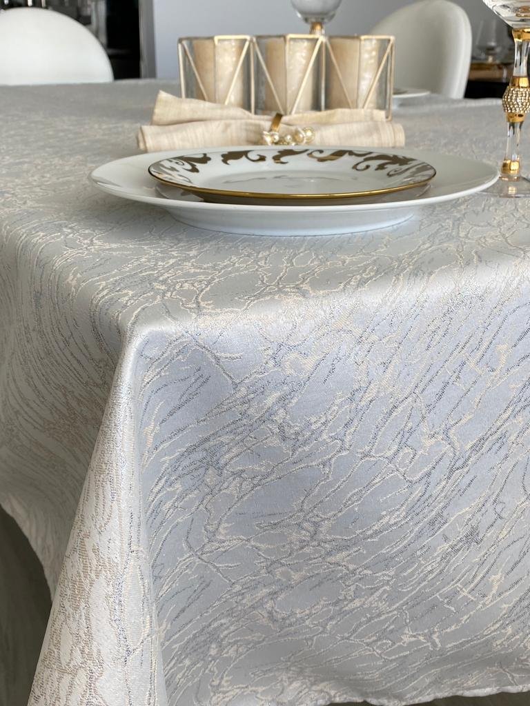 Antonella White Silver Gold Table Cloth